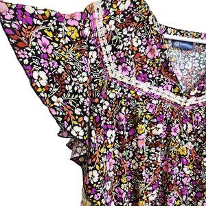 Democracy Split V-Neck Floral Print Blouse Short Flutter Sleeves and Side Sz 2X